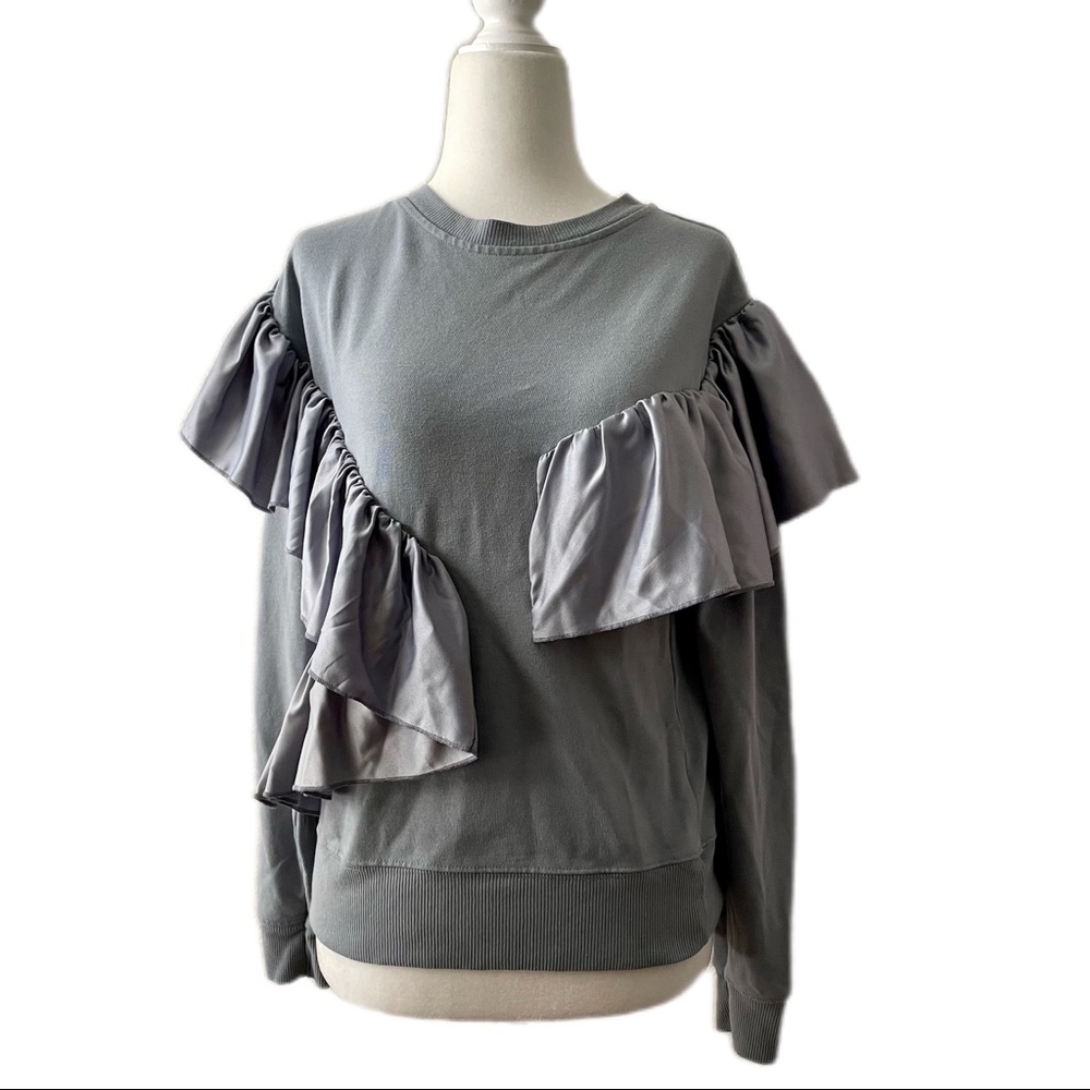 Topshop Blue long sleeve top with satin ruffled size 2